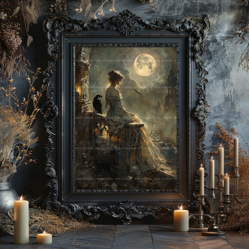 Viktorianische Frau als Kunstdruck, Rabe auf Burgruinen, Vollmond-Wanddeko im Stil der Skurrilität, Gemälde mit dunkler Romantik und Krähe, Stimmungsposter L94 Bild 8