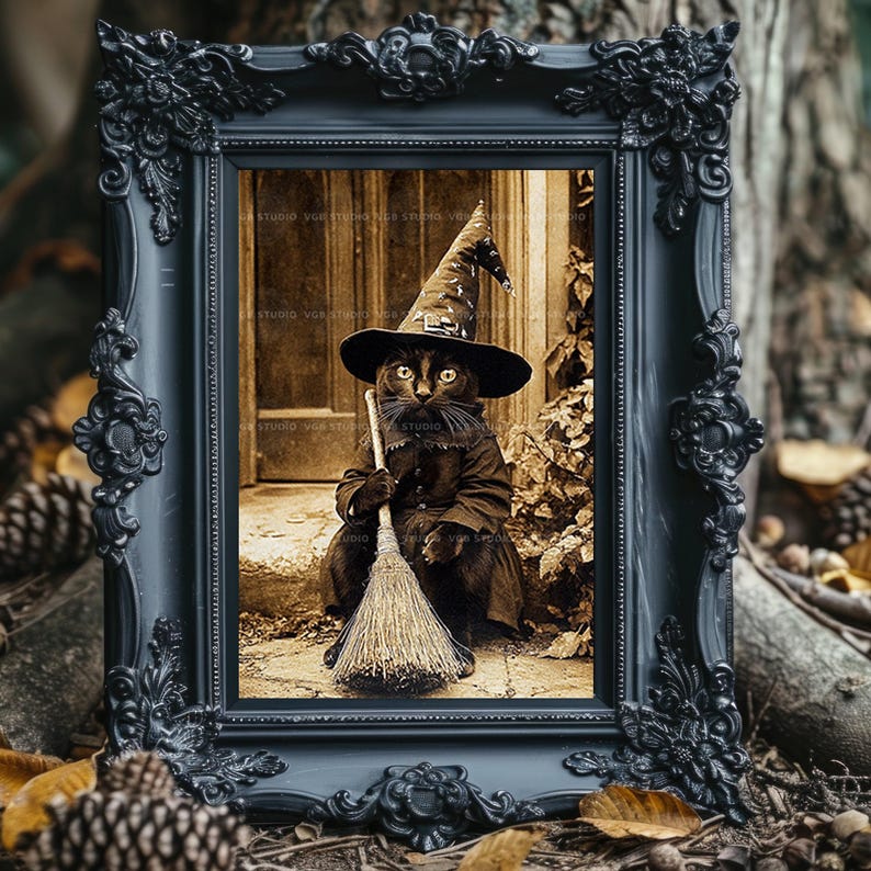 Black Cat Witch Wall Art Print, Vintage Halloween Feline With Broom ...