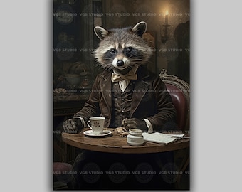 Victorian Raccoon Breakfast Art Print, Gothic Gentleman Portrait, Dark Academia Woodland Animal, Whimsical Dining Room Decor E27
