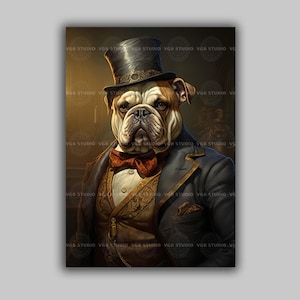 Victorian Bulldog Portrait Art Print | Anthropomorphic Dog Gentleman | Steampunk Top Hat Renaissance Pet Dark Academia Wall Decor Gift | K49