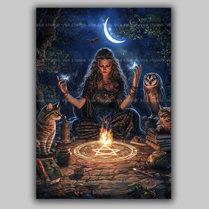 May include: A fantasy artwork shows a woman in a dark dress, meditating before a fire, with an owl and cats. A crescent moon and stars light the night scene. A glowing pentagram is in the center. The image has the text "VGB STUDIO".