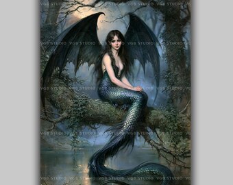 Melusine Wall Art Print, Siren Decor, Dark Mermaid, Water Fairy, Enchanted Forest, Victorian Gothic, Mythical Creature, Mythology Gifts AP08