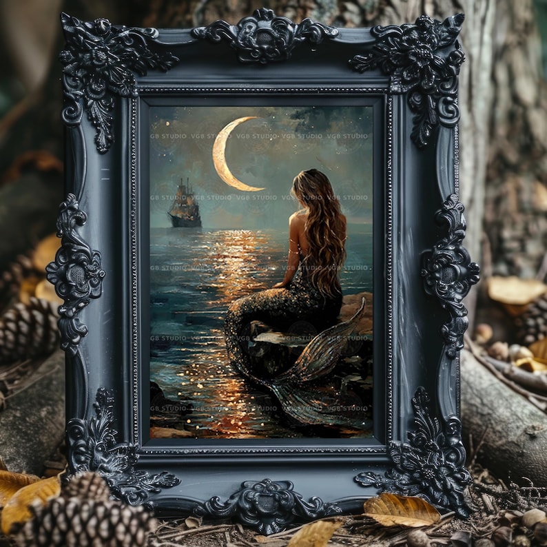 Lámina decorativa de sirena a la luz de la luna, decoración náutica oscura, pintura de barco, ilustración fantástica, estética costera, Mermaidcore, magia del océano AF74 imagen 2