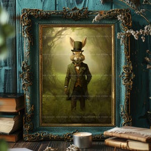 Impresión artística de conejo vintage, póster de liebre victoriana, decoración de Alicia en el País de las Maravillas, arte de pared de animales para guardería, decoración del Día de San Patricio, caballero irlandés J33 imagen 4