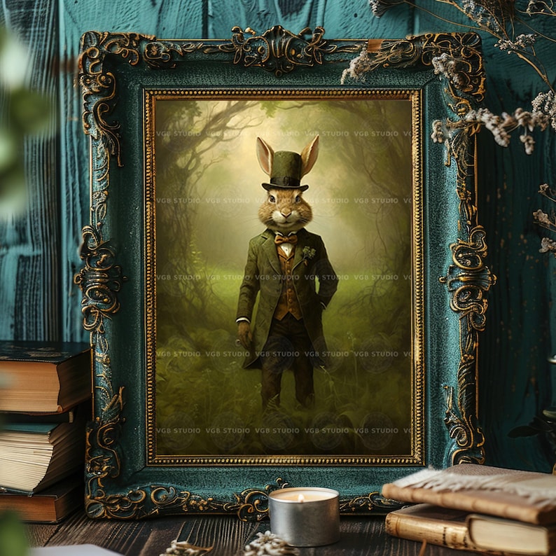 Impresión artística de conejo vintage, póster de liebre victoriana, decoración de Alicia en el País de las Maravillas, arte de pared de animales para guardería, decoración del Día de San Patricio, caballero irlandés J33 imagen 4