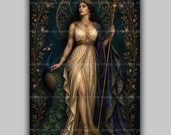 Hera Art Print, Greek Goddess of Marriage with Her Peacock, Juno with Golden Sceptre and Crown, Teal Botanical Border Mythology Decor AN29