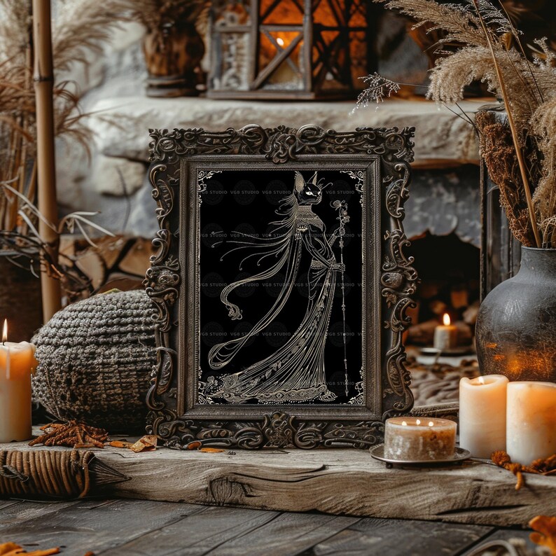 Bastet Gold Line Art Print, Egyptian Cat Goddess in a Deco Gown, Ancient Egypt Mythology Kemetic Altar Wall Decor q54 image 6