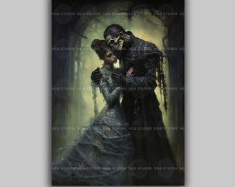 Skeleton Couple Wall Art Print, Victorian Goth, Dark Romance Decor, Memento Mori, Gothic Painting, Macabre Gifts, Haunted Lovers G70
