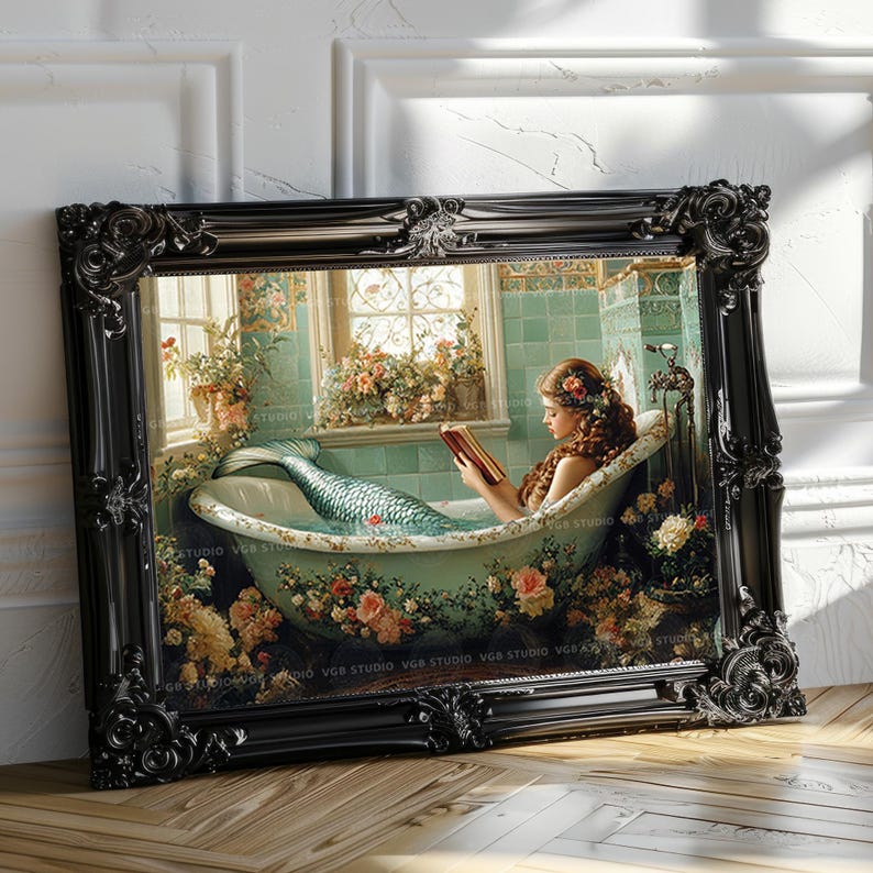 Mermaid Reading in Floral Bathtub Wall Art Print Vintage Bathroom Decor, Cottagecore Fantasy Book Lover Gift Whimsical Siren Horizontal y81 image 5