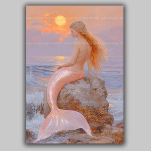 Sunset Siren Mermaid Coastal Bathroom Nautical Fantasy Seascape Pastel Ocean Rock Glow Romantic Vintage Cottagecore Wall Art Print AB32