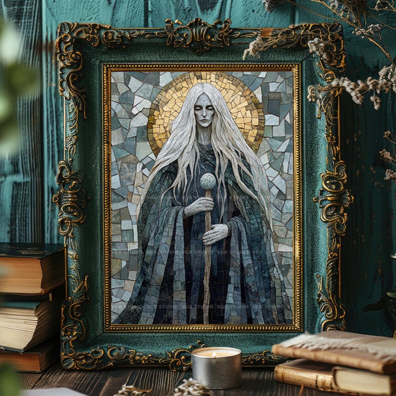 May include: Framed artwork featuring a mosaic-style image of a figure with long white hair and a flowing robe, holding a staff. The frame is ornate, with a dark green finish and gold accents. The artwork is displayed on a wooden surface.