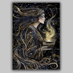 Grafika ścienna z walijską boginią Ceridwen, kocioł inspiracji Cerridwen, dekoracja z mitologii celtyckiej, pogańskie czary, magia Awen, duchowość AG33 zdjęcie 1