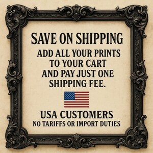 a sign with a black ornate frame, containing a message about shipping and US customers.