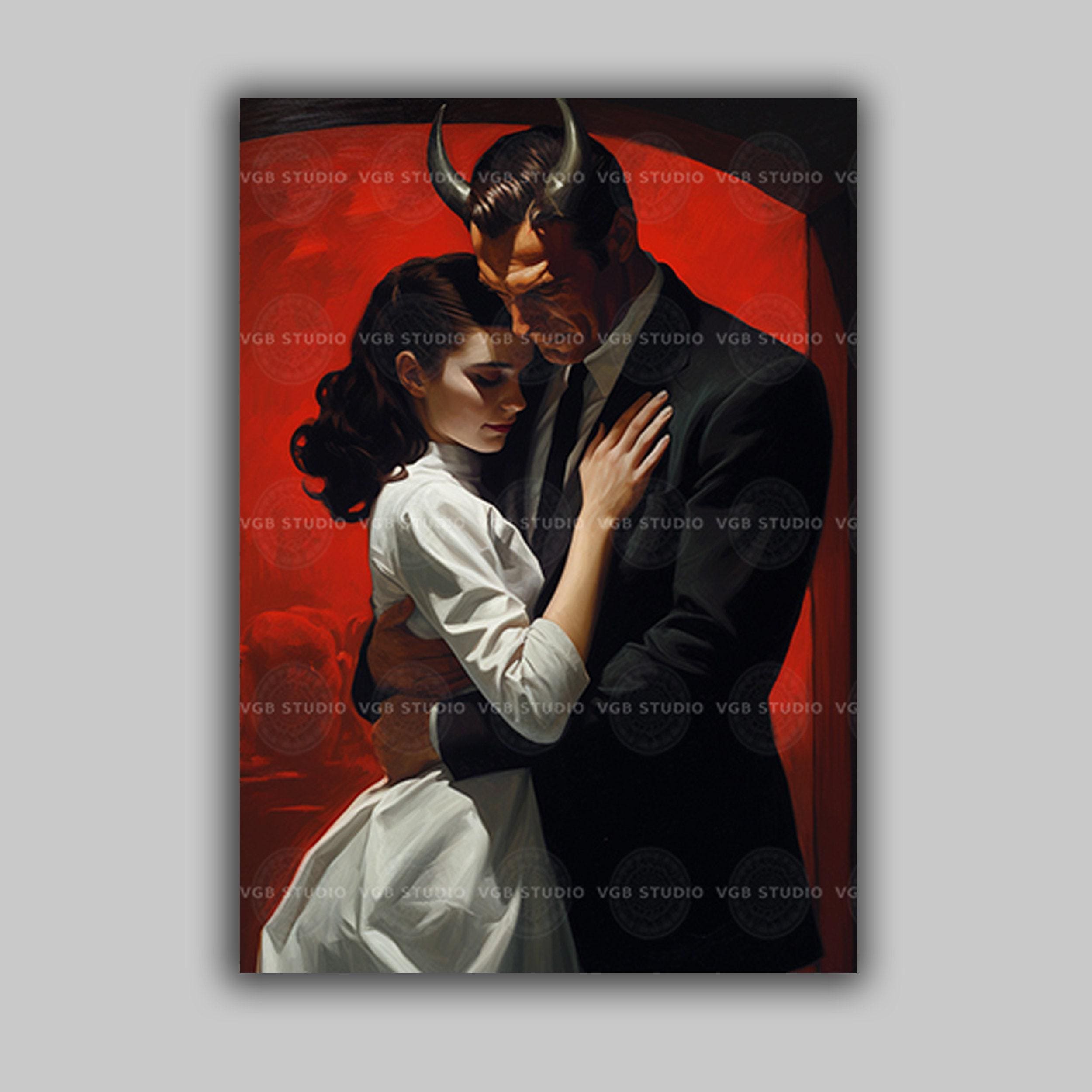 Woman Embracing Devil Dark Romance Print, Devilish Allure Fiery