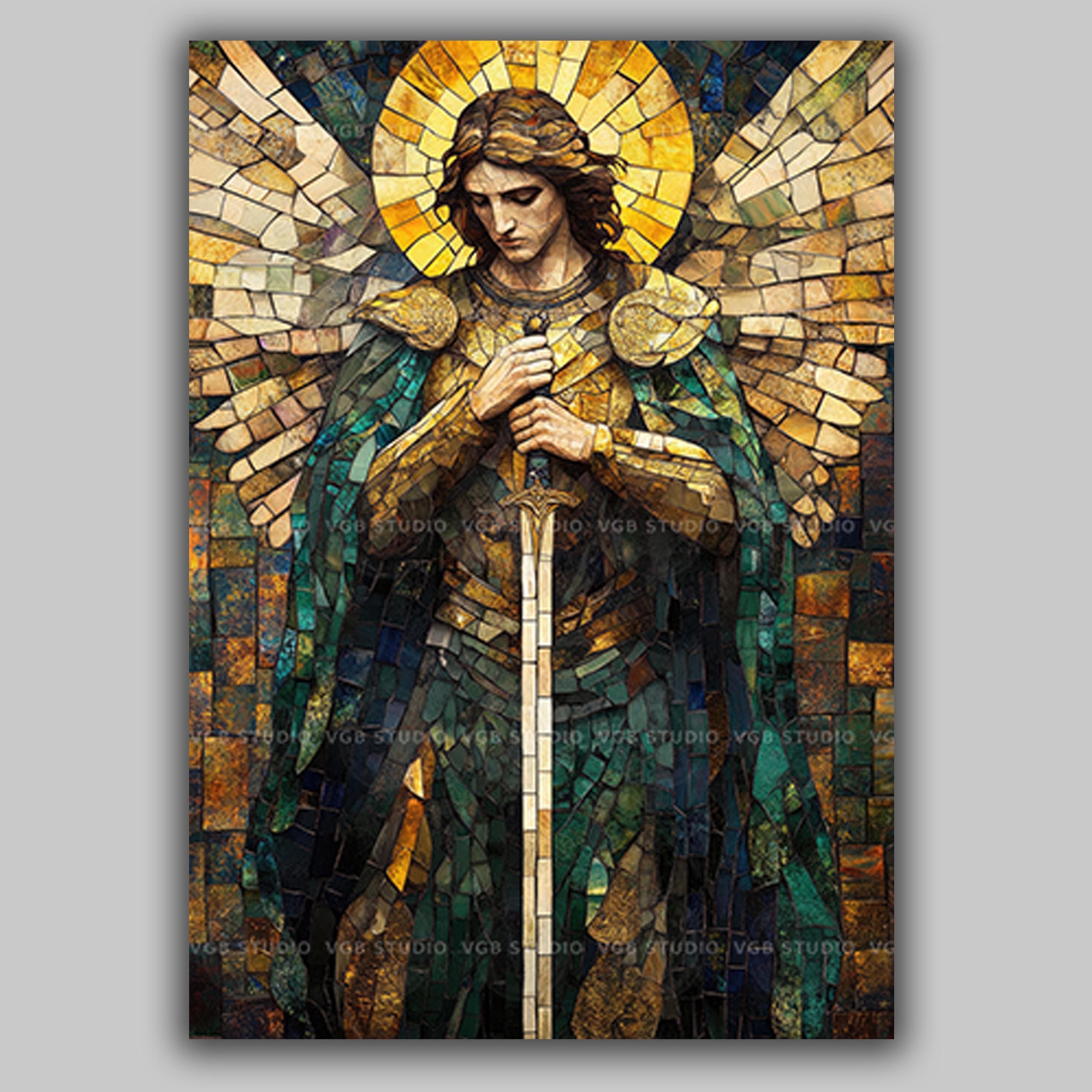 Archangel Michael Mosaic Art Print, Saint Michael Warrior Angel Sword ...