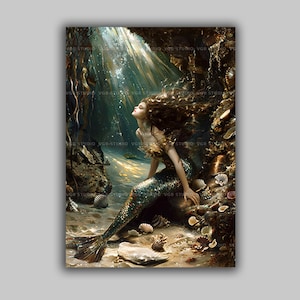 Mermaid Wall Art Print Golden Ocean Siren Illustration Coastal Bathroom Decor Sea Goddess Fantasy Poster Nautical Underwater Artwork s70