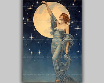 Little Girl and Crescent Moon Art Print, Moon Wishes, Child Gazing