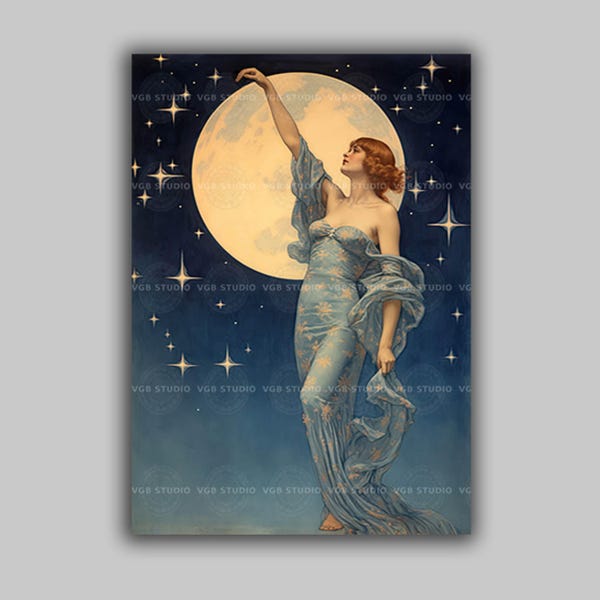 Impression d'art femme tendant la main vers la lune | Décoration murale déesse céleste | vintage Art nouveau étoiles nuit bleu ciel romantique peinture | G03