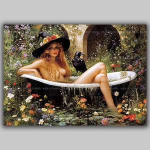 Witch In Garden Bathtub Art Print Fantasy Woman With Raven Gothic Pagan Wall Decor Mystical Nature Witchcraft Illustration Occult Home x88