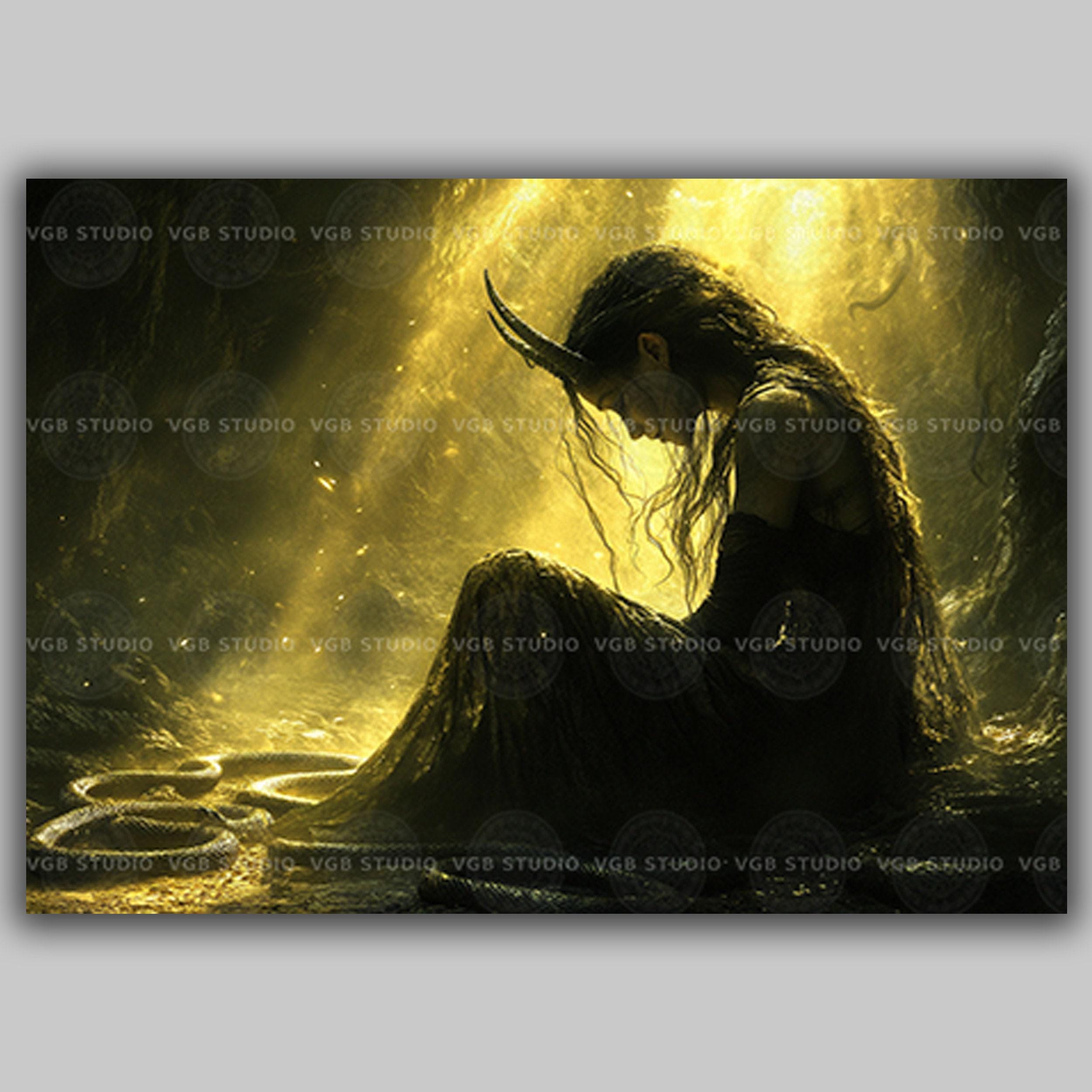 Lilith With Snake Goddess Wall Art Print, Horned Dark Feminine