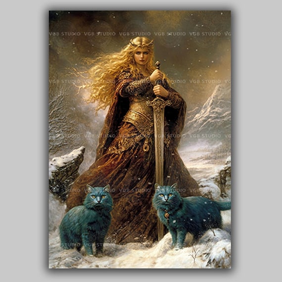 Freya Art Print Norse Goddess Warrior Woman Snow Cats Sword Mythology Scandinavian Viking Decor Pagan Nordic Legend Blue Cats Gift ac12