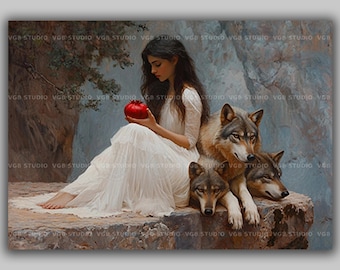 Persephone en Cerberus Griekse godin koningin van de onderwereld Art Print, granaatappel Dark Academia Wall Decor, Hounds Horizontal Art AG47