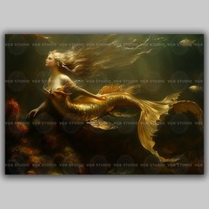Golden Mermaid Art Print Surreal Ocean Fantasy Decor Mythical Sea Goddess Wall Art Ethereal Underwater Dreamy Siren Painting Gift q50