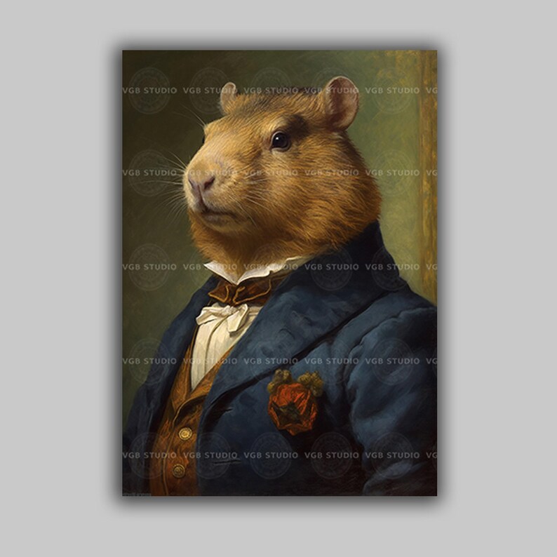 Victorian Capybara Wall Art Print, Dapper Gentleman Portrait in Suit, Whimsical Animal Decor, Dark Academia Vintage Style, Quirky Rodent H40 image 1