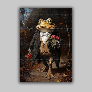 Gentleman Frog Art Print Whimsical Animal Portrait Victorian Toad with Roses in Tux Romantic Woodland Fantasy Humor Gift for Frog Lovers t40