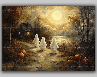 Halloween-spöke-väggkonst Vintage hösttryck Spöklikt höstlandskap med pumpor Fullmåne Stuga Bus eller godis Retro juldekoration t76