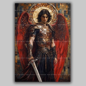 Archangel Michael Wall Art Print, Catholic Warrior Angel With Sword, Red Wings Mosaic Icon, Christian Prayer Decor, Saint Gift AM14