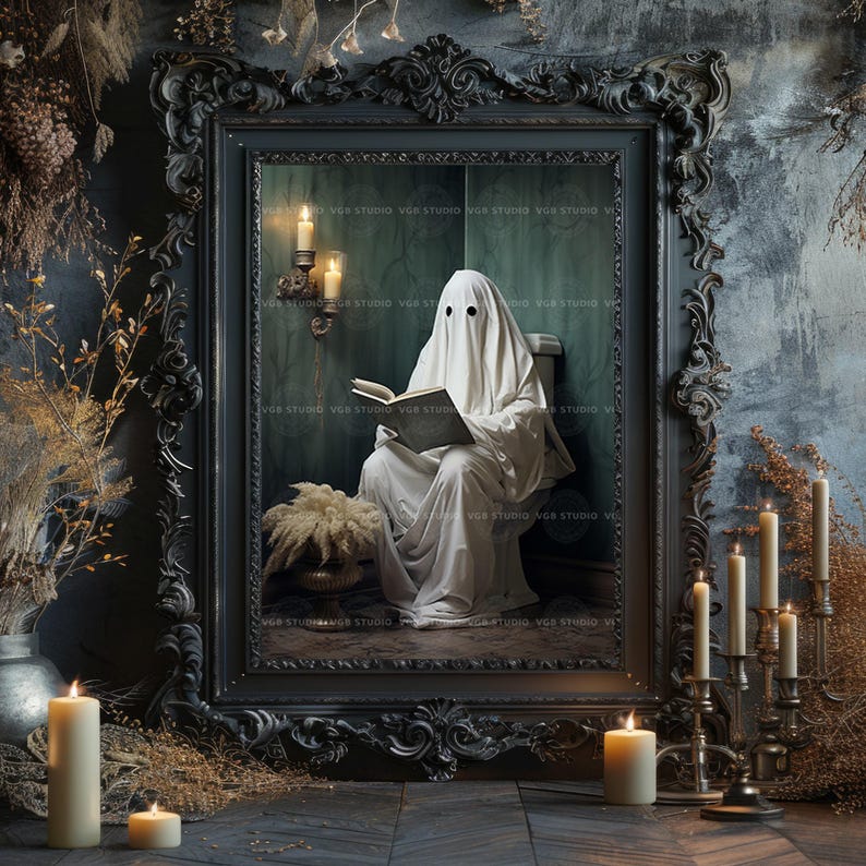 Funny Ghost Bathroom Wall Art Print, Spooky Toilet Reading Poster, Gothic Room Decor, Haunted Book Lover Artwork, Quirky Halloween Print H27 image 8