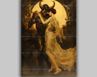Gothic Demon Victorian Couple Art Print Dark Fantasy Wall Decor Romantic Moonlight Painting Art Deco Surreal Love Dancing Woman Vintage D25A