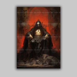 Dracula kunstprint, vampierheer op een bottentroon in een rode crypte, gotische horror duistere fantasy wanddecoratie, Halloween cadeau voor de gamekamer G78