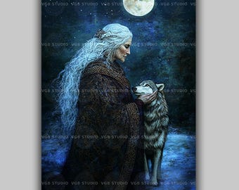 Cailleach Celtic Winter Goddess Art Print, Powerful Celtic Crone and Wolf,Mystical Seasons Witch Wall Art,Pagan Nature Spirit Decor Art ab39