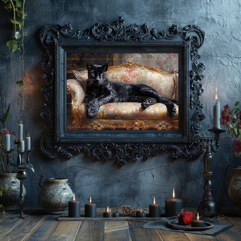 Schwarzer Panther Kunstdruck Viktorianischen Sofa Tierportrait Wunderlich Katze Dekor Galerie Wand Maximalist Katze Malerei Vintage Geschenk AH18 Bild 9