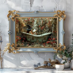 Bruja en la bañera, lámina decorativa para pared, leyendo un libro en un jardín floral, baño de brujas, estilo cottagecore oscuro, fantasía, póster horizontal Whimsigoth S86 imagen 5