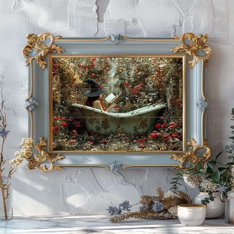 Bruja en la bañera, lámina decorativa para pared, leyendo un libro en un jardín floral, baño de brujas, estilo cottagecore oscuro, fantasía, póster horizontal Whimsigoth S86 imagen 5