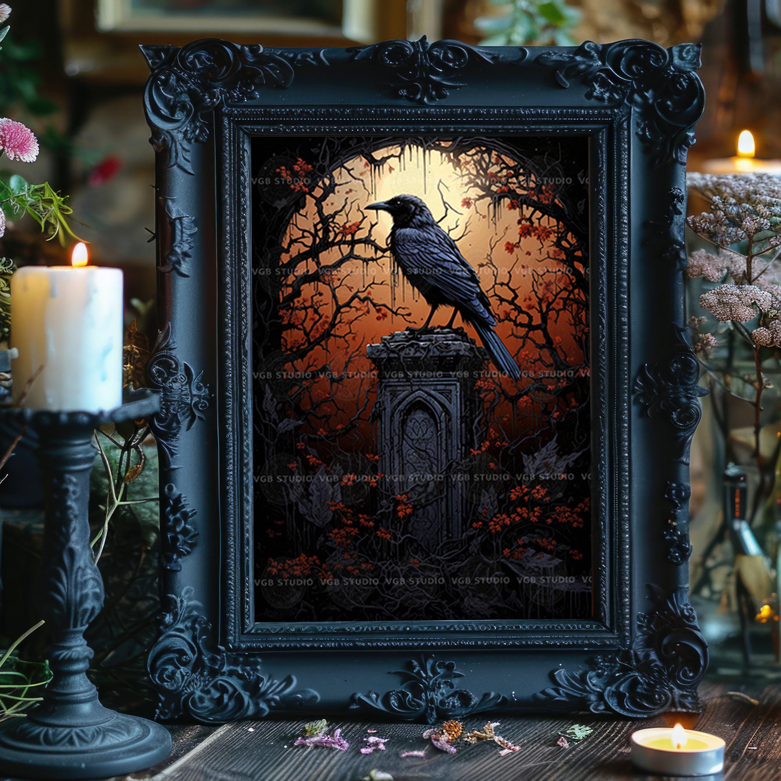 Gothic Raven Art Print, Dark Academia Crow Wall Decor, Black Bird