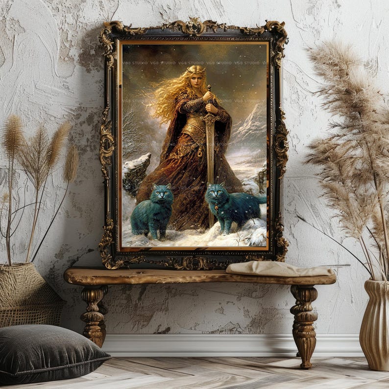 Freya, Freyja, nordische Göttin der Liebe, Krieg und Magie, Wikinger Mythologie, blaue Katzen, Winter-Schnee-Szene, heidnischer Altar-Dekor ac12 Bild 7