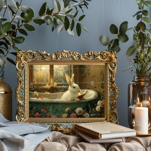 Whimsical Bunny Art Print Rabbit in Bathtub Reading Vintage Cottagecore Bathroom Decor Cozy Animal Illustration Floral Pastel Wall Art S06 image 7