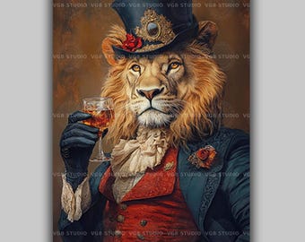Lion Gentleman Whiskey Art Print, Victorian Top Hat Portrait, Dark Academia Bar Man Cave Decor t18