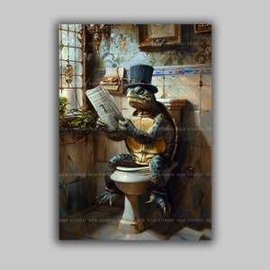 Funny Turtle on Toilet Art Print Reading Newspaper Victorian Animal Wall Decor Whimsical Bathroom Humor Illustration Quirky Gift r27