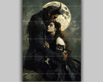 Monster Romance Couple Wall Art Print, Dark Fantasy, Romantasy Decor, Gothic Aesthetic, Celestial Gifts, Full Moon Painting, Whimsigoth R94