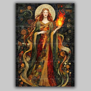 Saint Brigid Mosaic Art Print, Irish Patroness With Sacred Flame, Catholic Devotional Icon, Feast Day Gift Decor z22