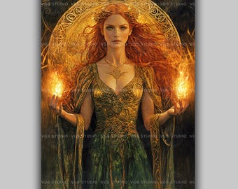 Celtic Goddess Brigid with Fiery Aura Art Print, Mystical Fire Deity Wall Art, Ethereal Fantasy Decor, Divine Celtic Mythology Portrait w23