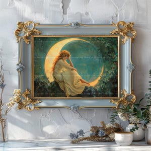 Woman on Crescent Moon Art Print | Celestial Fantasy Wall Decor | Stars Night Sky Dreamy Romantic Victorian Classical Ethereal Painting M75 image 2