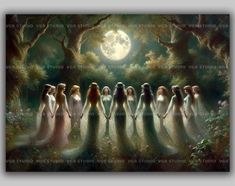 Lunar Circle Full Moon Ritual Art Print Divine Feminine Gathering Decor Witchy Pagan Aesthetic Priestess Ceremony Forest Magic Scene J29