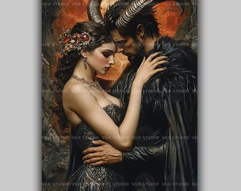 Victorian Gothic Demon Lover Print, Dark Romance Wall Art, Occult Fantasy Couple Painting, Romantasy Bedroom Decor, Horned Beast Poster y22
