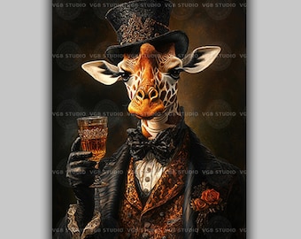 Victorian Gentleman Giraffe Wall Art Print Whimsical Dressed Animal Portrait Dark Academia Decor Gothic Animal Illustration Fantasy Art ab15